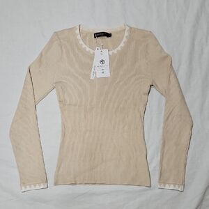 NEW Merokeety Sz. M Women's Beige Rib Knit Sweater Long Sleeve Blouse